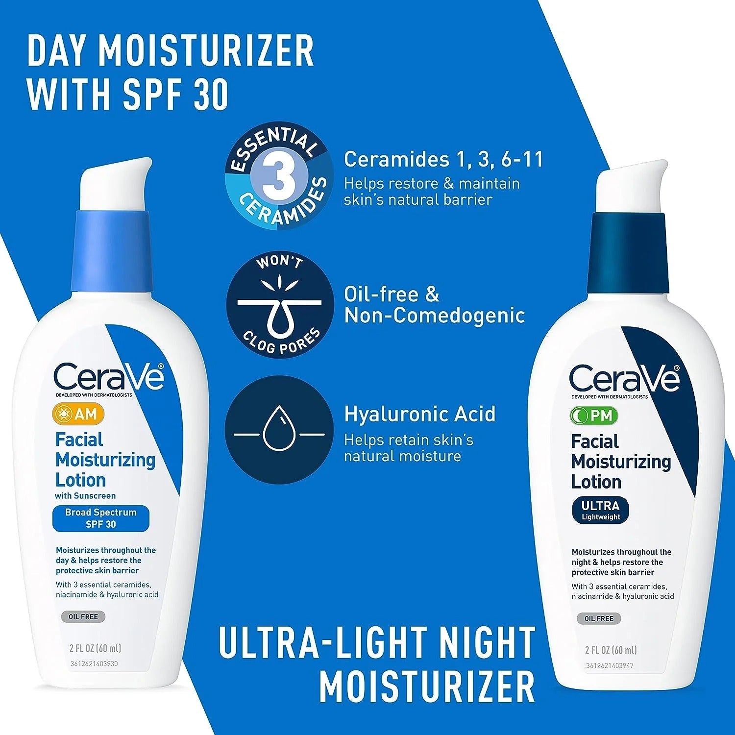 CeraVe Skin Care Set for Acne Treatment with Face Wash with Benzoyl Peroxide, Retinol Serum, AM Face Moisturizer with SPF & PM Face Moisturizer,5oz Cleanser + 1oz Serum + 2oz AM Lotion + 2oz PM Lotion - EZ Routes LLC