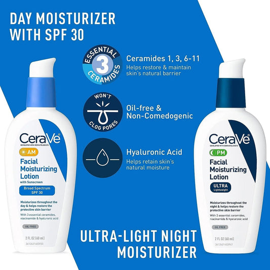 CeraVe Skin Care Set for Acne Treatment with Face Wash with Benzoyl Peroxide, Retinol Serum, AM Face Moisturizer with SPF & PM Face Moisturizer,5oz Cleanser + 1oz Serum + 2oz AM Lotion + 2oz PM Lotion - EZ Routes LLC