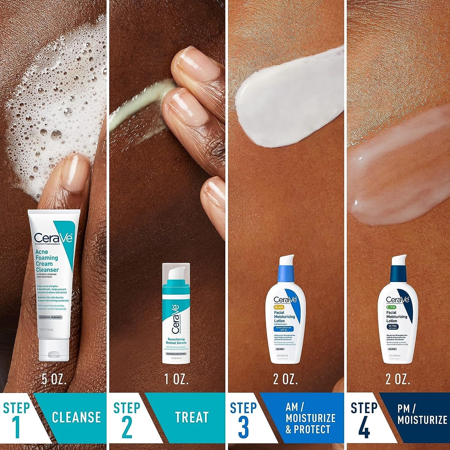 CeraVe Skin Care Set for Acne Treatment with Face Wash with Benzoyl Peroxide, Retinol Serum, AM Face Moisturizer with SPF & PM Face Moisturizer,5oz Cleanser + 1oz Serum + 2oz AM Lotion + 2oz PM Lotion - EZ Routes LLC