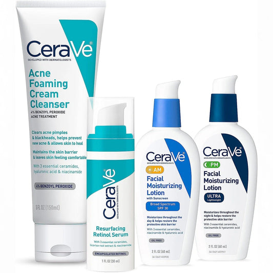 CeraVe Skin Care Set for Acne Treatment with Face Wash with Benzoyl Peroxide, Retinol Serum, AM Face Moisturizer with SPF & PM Face Moisturizer,5oz Cleanser + 1oz Serum + 2oz AM Lotion + 2oz PM Lotion - EZ Routes LLC